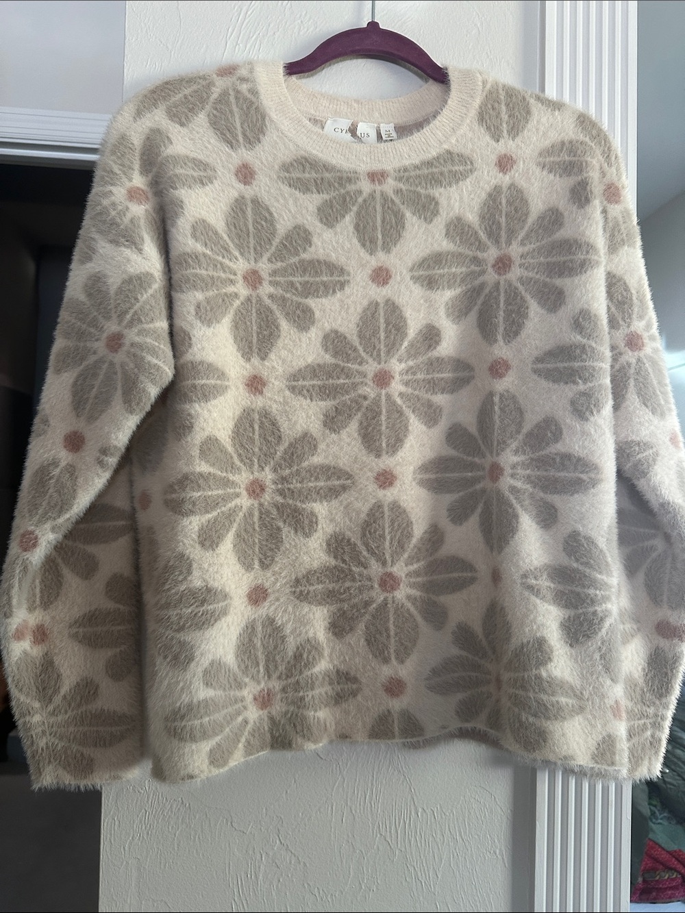 Cyrus Cream Floral Crewneck Sweater with Taupe and Blush Accents